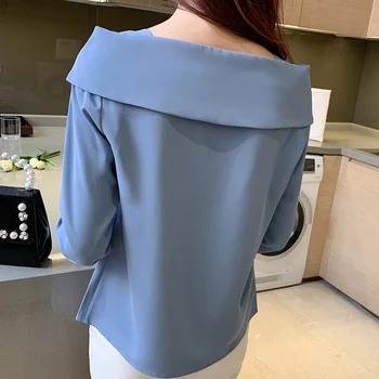 2021 Jeseni Mode Bluzo Ženske Poševnica Vratu Trdna Beading Ženska Vrhovi Modre Bluze z Dolgimi Rokavi ženske Majice OL Šifon Obleko
