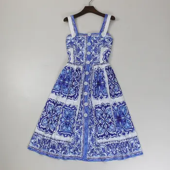 2022 ženske poletje obleko vintage moda blagovne znamke modra belega porcelana tiskanja: špageti trak gumbi lepe počitnice priložnostne obleke