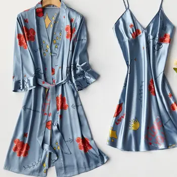 2PCS Haljo Nastavite Saten Lady Kimono kopalni plašč Obleke 2021 Poletje Novo More Seksi Tiskanja Intimno Perilo, Domača Oblačila Sleepwear