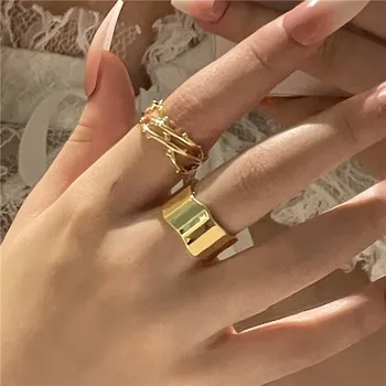 AOMU francoski Elegantno Zlata, Srebrna Barva Metal Set Obročev Nezakonitih Votlih Zaviti Široko Sijajni Prst Prstan za Ženske Stranka Dodatki