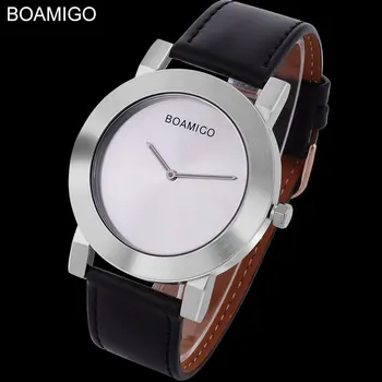 BOAMIGO 2016 novo priljubljeno blagovno znamko moške ure moda priložnostne quartz ure ultra-tanko srebrno velike enostavno izbiranje črni usnjeni trak