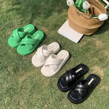 G. Co Zeleni Copati Ženske Ženske Čevlje Plaži Sandali Open Toe Platformo Ravno Pete Plaži Strani Visoke Kakovosti Dame Flip Flops