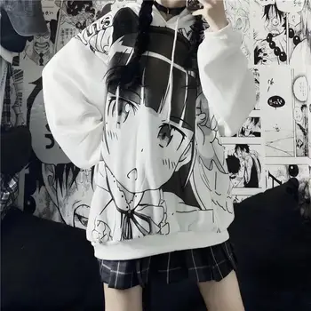 HOUZHOU Japonski Anime Hoodie Kawaii Harajuku Risanka Tiskanja Oblačil za Pomlad Jesen Dolg Rokav Vrhovi Svoboden Plus Žamet Ulične