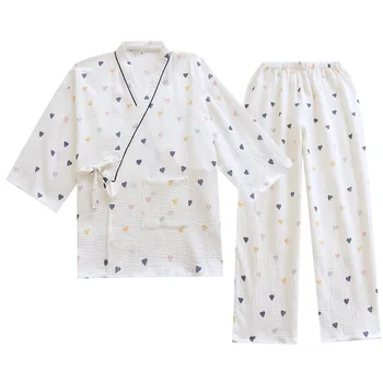 Japonski kimono pomlad in poletje ženske bombažno pižamo dva-kos tanke tri četrt hlače rokavi belo Ljubezen Homewear