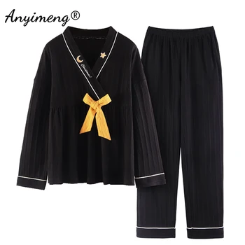 Kimono Style Svoboden Velikost Moda za Ženske je Doma Obleke Bombaža Dolgo Oplaščeni Dva Kosa Navaden Črno Japonski Kimono Pižamo za Jesen