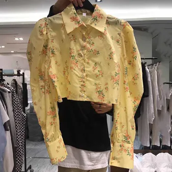 Korejski Elegantno Blusas Femme 2021 Novo Cvetlični Puff Rokavi Ženske Majica Vzročno Zavoj navzdol Ovratnik Kratke Bluze Pomlad