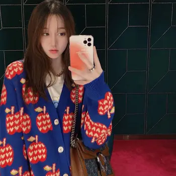Korejski Moda v obliki Srca Apple Vzorec Izkušnje Žensk Pulover V-Vratu Pletene Cardigan Plašč Prevelik Ohlapna Vrhnja obleka Jakna