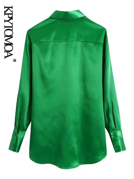 KPYTOMOA Ženske Modni Mehki Asimetrične Zelena Vintage Bluze z Dolgimi Rokavi, Gumb-up Ženske Majice Blusas Elegantna Vrhovi