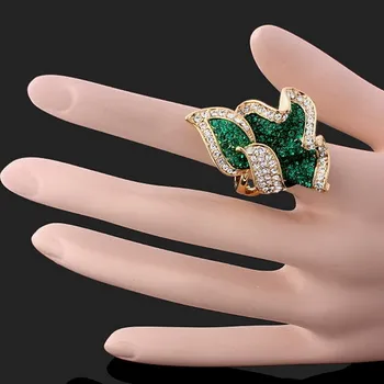 Lepota Listov Design obletnico Obroči Za Ženske Zlitine Z Zelenimi Kristali Rose Zlata barva Barva Poročni prstan brezplačna dostava