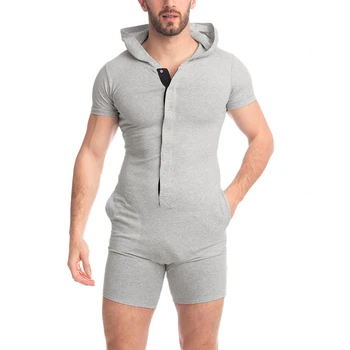 Moške Pižame igralne obleke Mozaik Hooded Kratek Rokav Gumb Jumpsuits Homewear 2021 Prijetno preživljanje Prostega Moških Playsuits INCERUN Plus Velikost