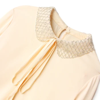 Naravni Pravi Svilena ženska Majica Eleganten Modni Beading Zavoj navzdol Ovratnik Lok Long Sleeve Solid Bluze Urad Dama Bluzo Vrhovi