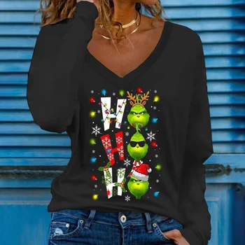 Nove Ženske Obleke 2021 Božič Geek Pisma Natisnjena Vrhovi Puloverju Eleganten V-Izrez Dolg Rokav Bluzo Priložnostne Svoboden Streetwears