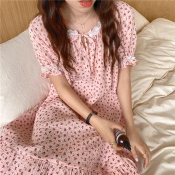 Roza Cvetlični Tisk Poletje Nightgown Ženske Korejski Kratek Rokav Sladko Sleepwear Svoboden Priložnostne Bombaž Domov Oblačila Kawaii 2021