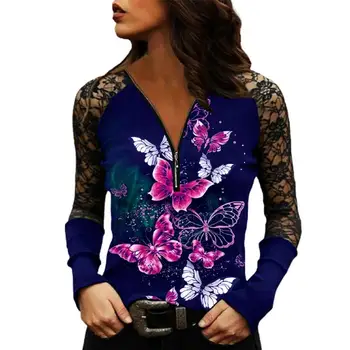 Zip-up Vratu Ženske Majica Šivanje Čipke vidi skozi Dolg Rokav Metulja Print Cvetlični Pomlad Bluzo Priložnostne Majice