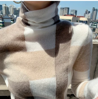 Ženske priljubljena geometrijske visoko vratu 85% Volne ženski Pulover priložnostne volna, kašmir pulover priljubljena ženska moda vrh dekle